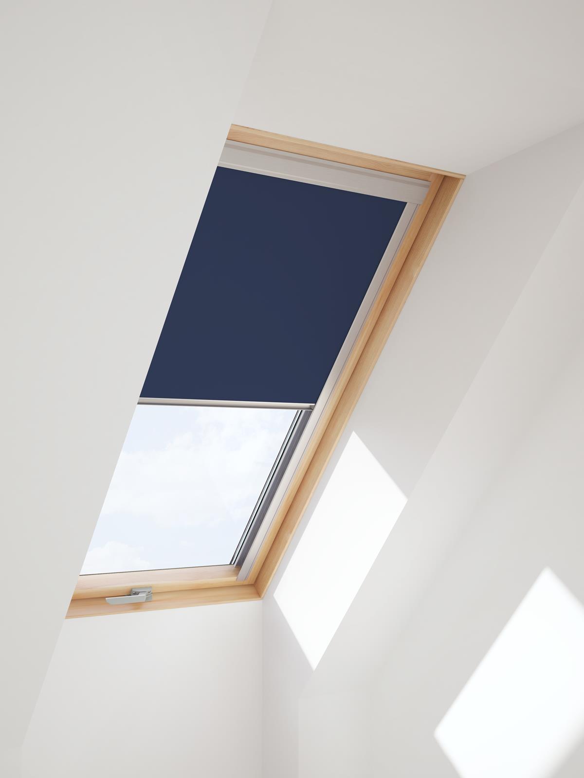 Dark blue VELUX blind for bedroom