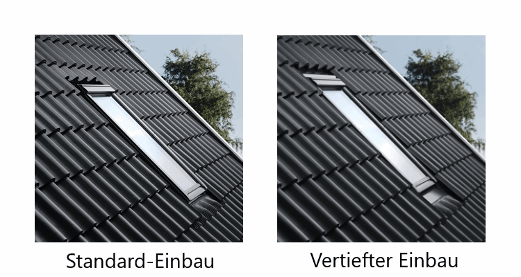 Two different installation levels of VELUX roof windows: standard and recessed installation.