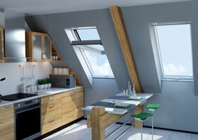 FAKRO FYU-V P2 proSky| trä, hög pivåhängt, säkerhets dubbelglas takfönster med ventilation 