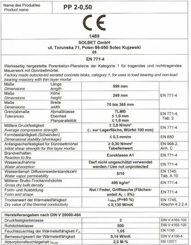 Cellular concrete SOLBET PP2-050 according to german norm DIN V 4108-4